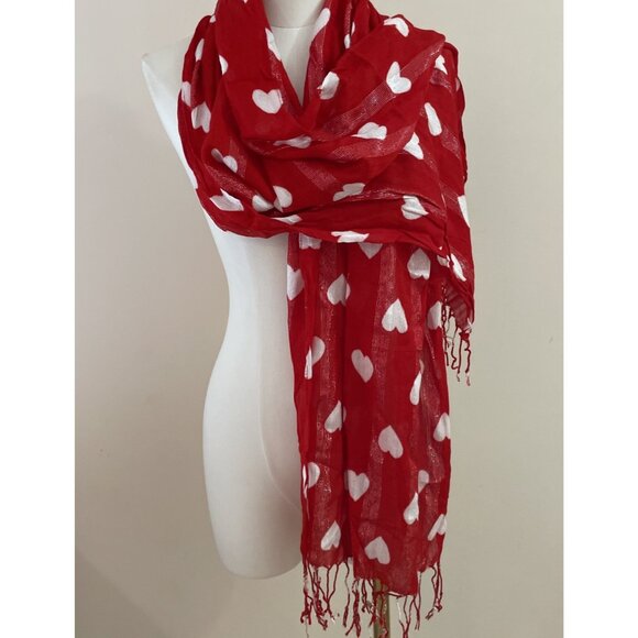 Pier 1 Imports Heart Print Scarf Red Metallic Rayon Drapey 20X72" Romance Love - Picture 1 of 7